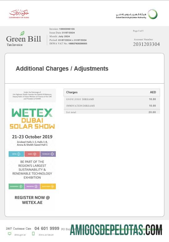 imprimível Modelo de fatura de serviços públicos verdes de Dubai dos Emirados Árabes Unidos em formatos Word e PDF, totalmente editável5